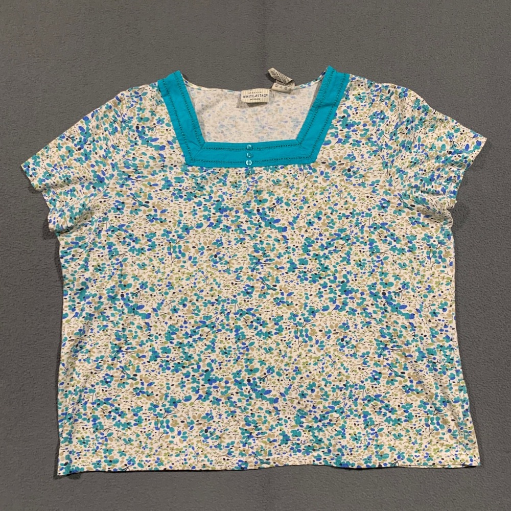 Cottagecore Floral Square Neck Top Women 2X Blue Teal Lace Detail Short Sleeve